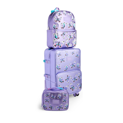Set of purple butterfly-patterned luggage and backpack on a white background