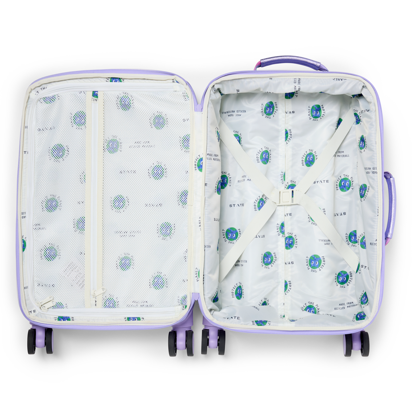Open suitcase with patterned interior on a white background