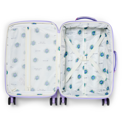 Open suitcase with patterned interior on a white background