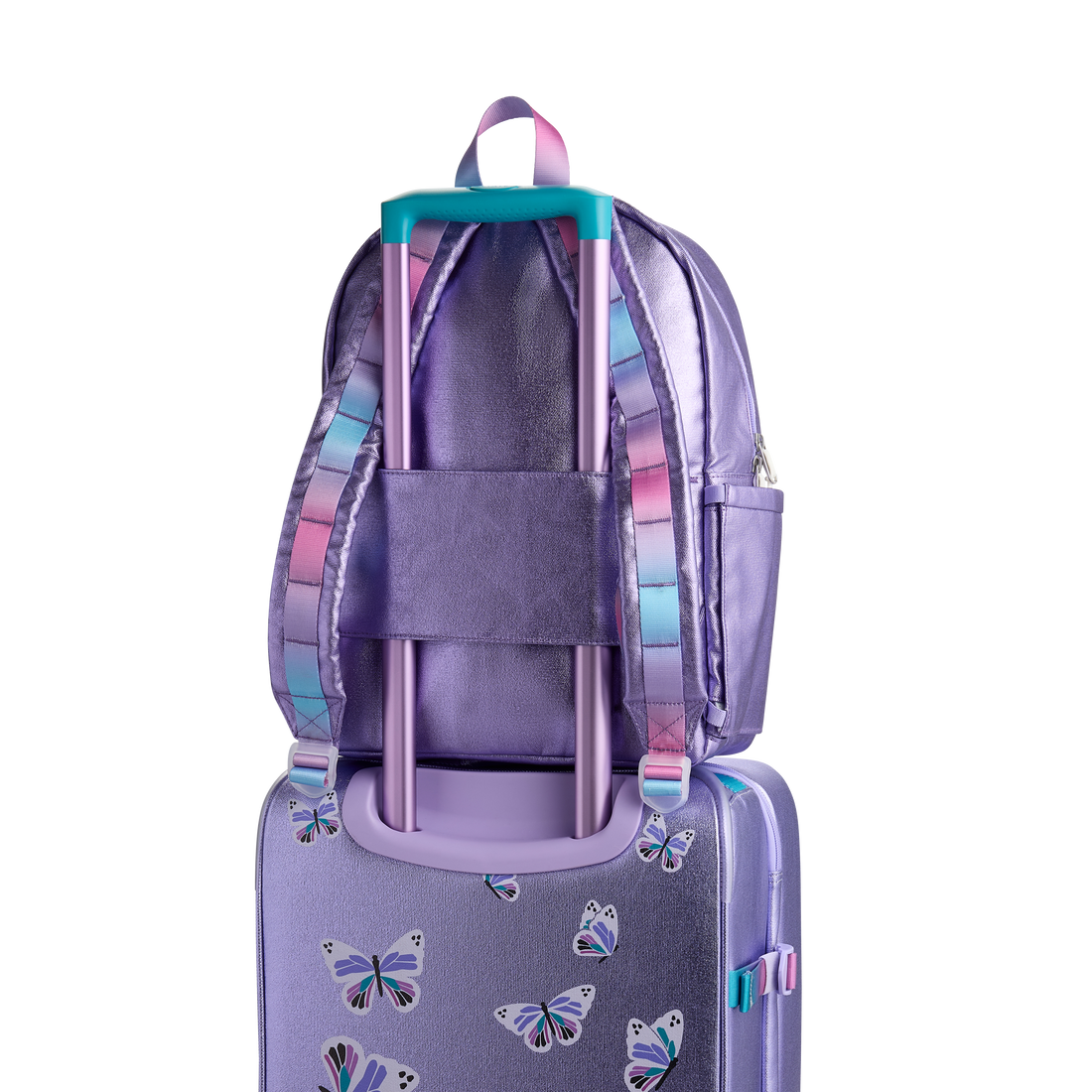 Purple backpack with butterfly designs on a white background