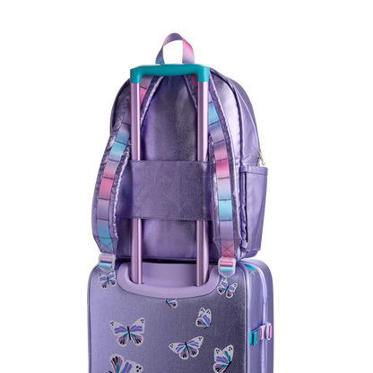 Purple backpack with butterfly designs on a white background