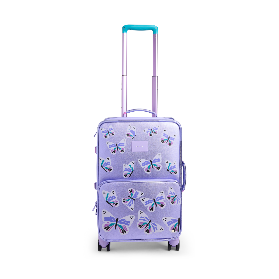 Purple suitcase with butterfly design on a white background