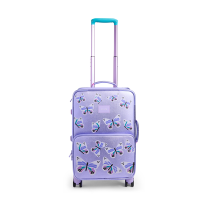 Purple suitcase with butterfly design on a white background