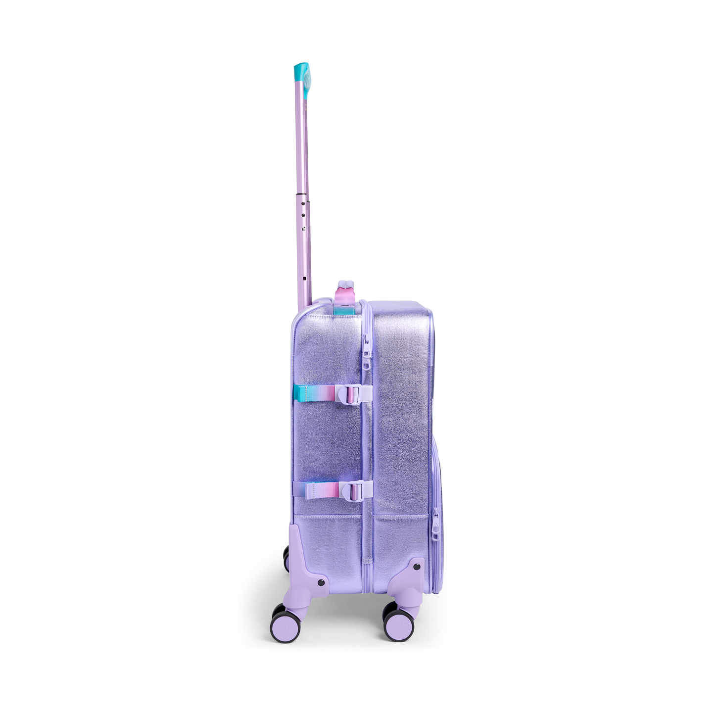 Purple suitcase with transparent side panels on a white background