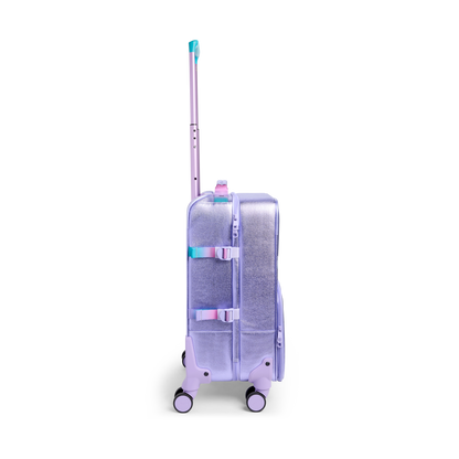 Purple suitcase with transparent side panels on a white background