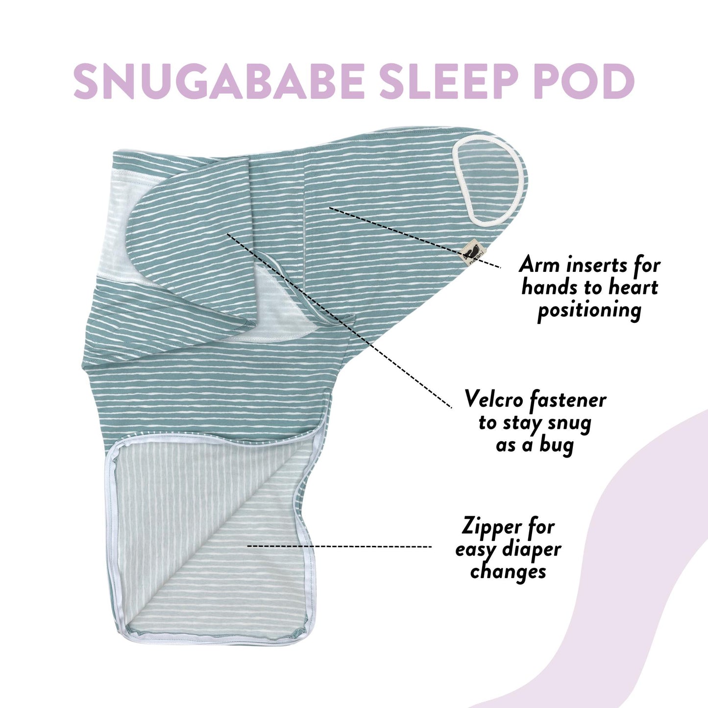 norani baby snugababe sleep pod in green and white stripes.