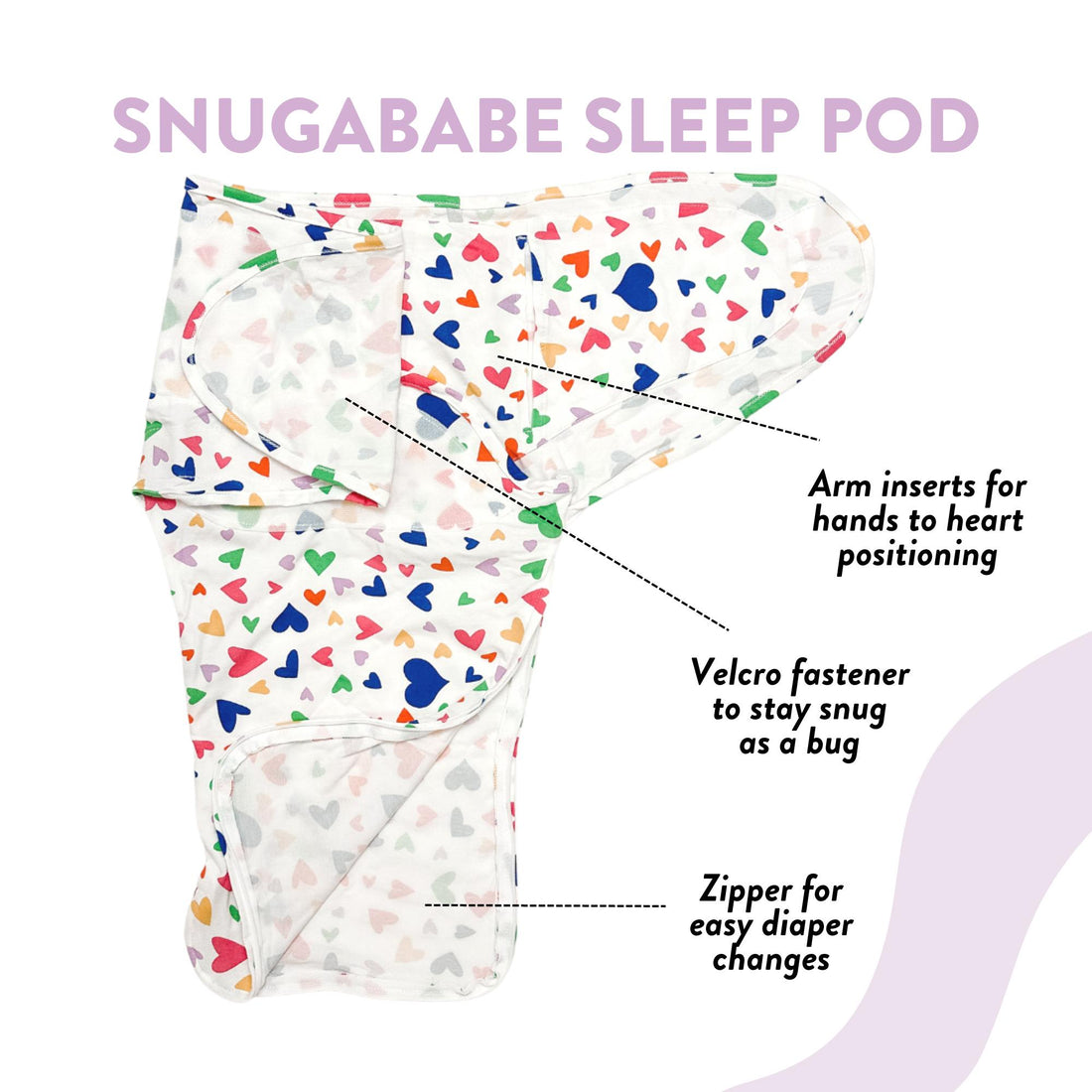 Norani Baby snugababe swaddle pod in colorful hearts