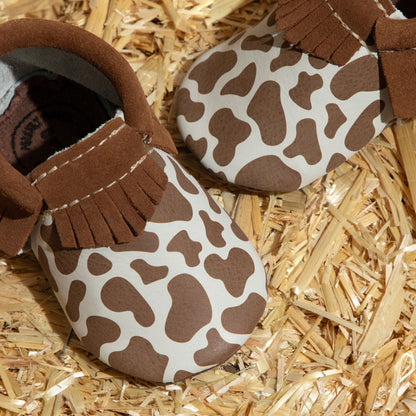 Suede Cow Print Moccasin Baby Shoe - Norani Baby