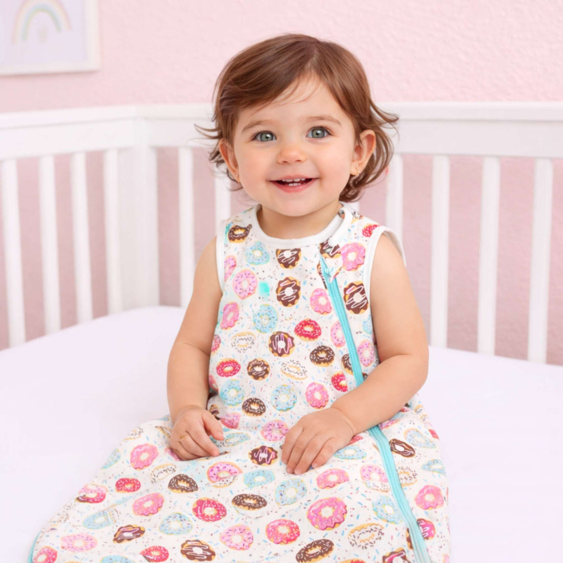 Smiling baby sitting in a crib wearing the Norani Baby One & Done Sleep Sack, made from soft GOTS-certified organic cotton with a cozy all-season design and secure zip closure.