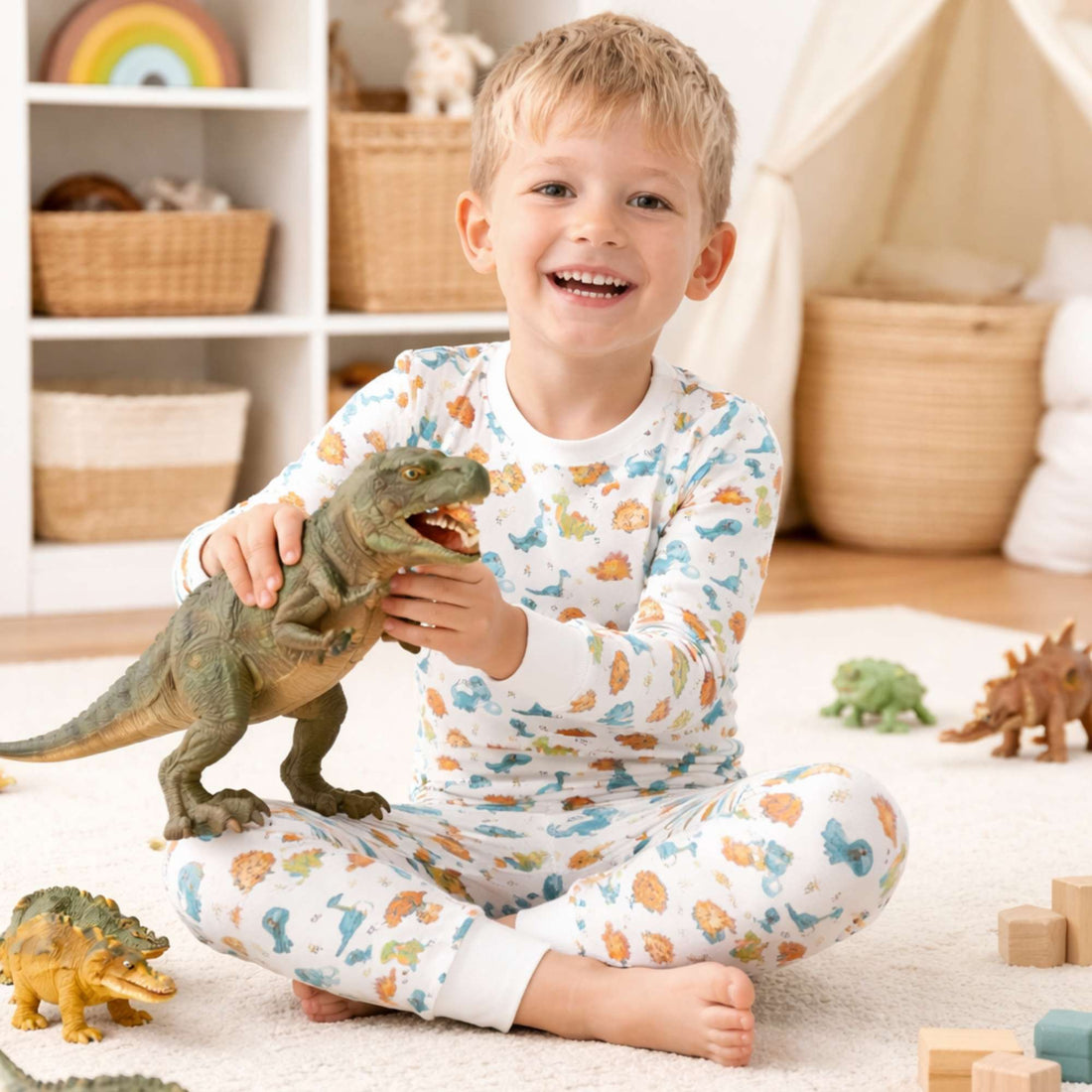 Smiling child wearing Norani Baby dinosaur print pajamas while playing in a bright, modern playroom, featuring soft organic cotton fabric and a playful dino pattern.