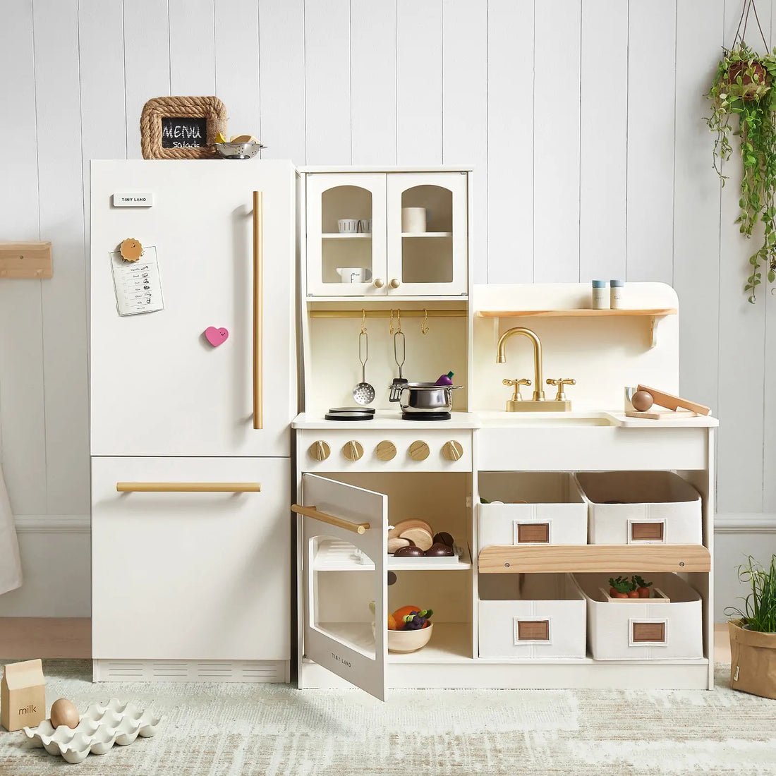 Tiny Land® Play Kitchen Accessories – Play Kitchen Fridge: Wooden Cabinet Refrigerator for Kids - Norani Baby