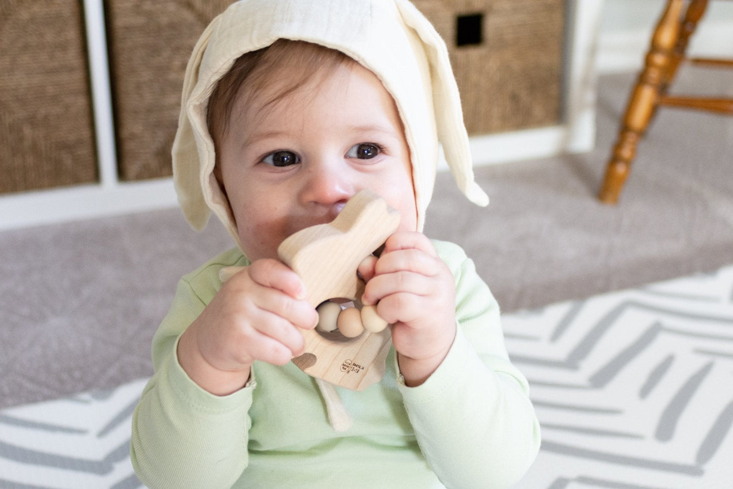 Bunny Wooden Grasping Toy with Teething Beads - Norani Baby
