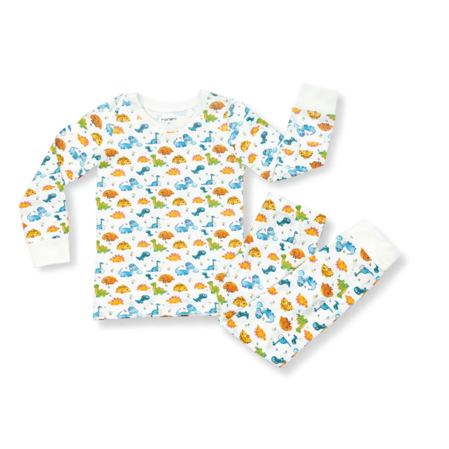 Norani Baby dinosaur print pajamas laid flat for a product shot, showcasing the soft organic cotton fabric, detailed dino pattern, and premium stitching.