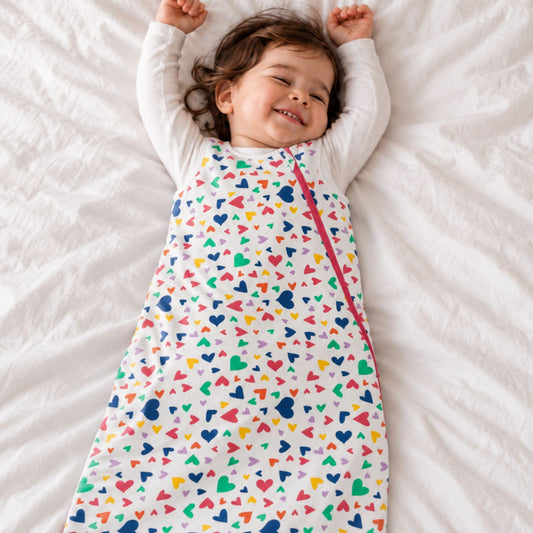 A baby lying on a white bed, wearing a white long-sleeve sleep sack covered in a colorful heart pattern and secured with a pink zipper.