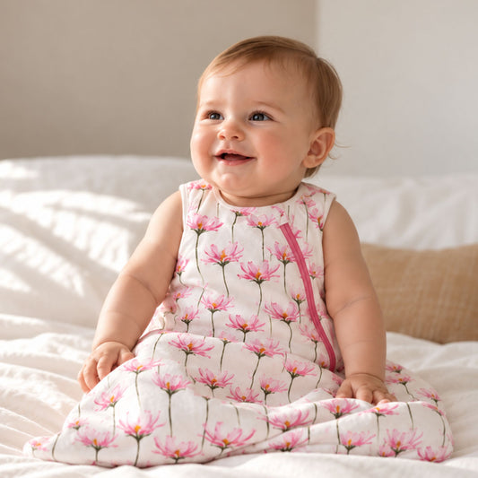 A baby sitting on a bed wearing a sleeveless white footmuff-style sleep sack printed with pink flowers and green stems, with a pink zipper closure.