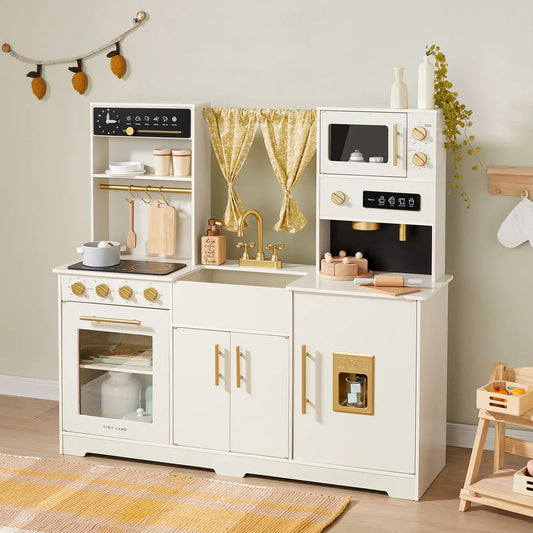 Tiny Land® Iconic Wooden Play Kitchen – Cream Pretend Cooking Set for Kids - Norani Baby