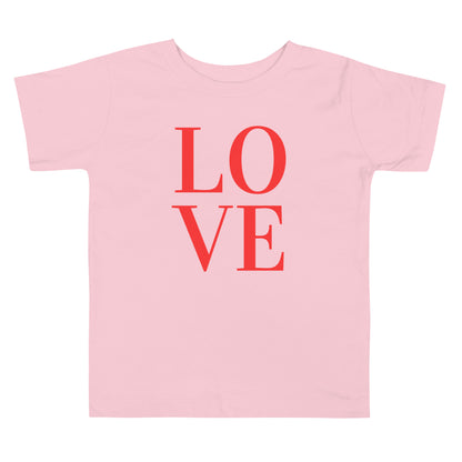 Toddler LOVE t-shirt in pink made from soft cotton featuring a simple LOVE graphic