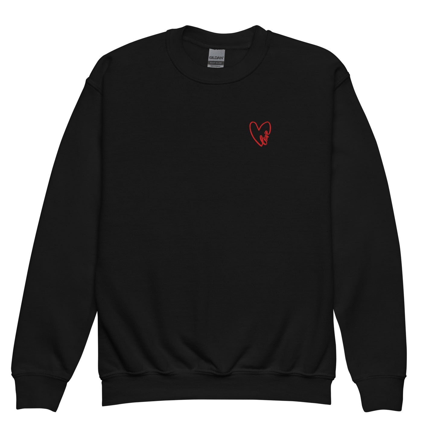 Black crewneck sweatshirt laid flat for a clean product shot, featuring a subtle embroidered heart detail on the chest, highlighting the soft fabric, classic fit, and timeless design.