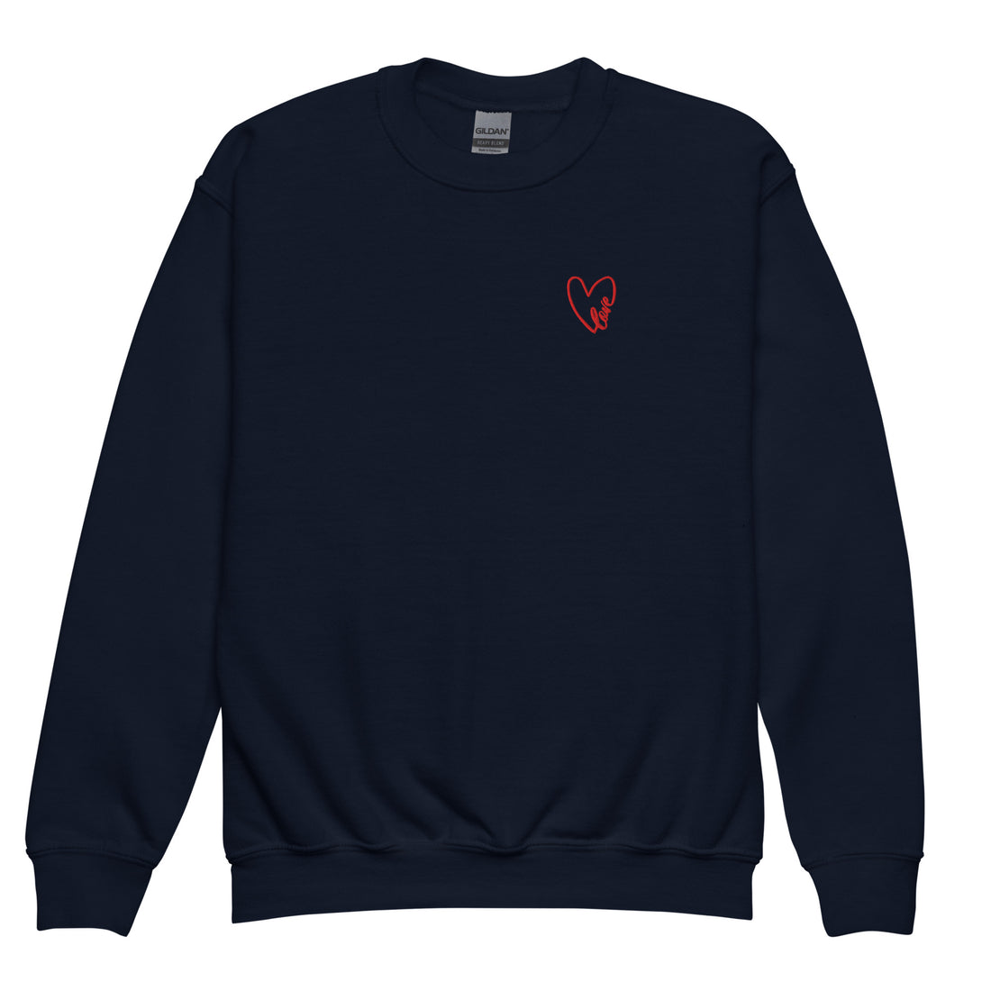 Navy blue crewneck sweatshirt shown in a clean product shot, featuring a subtle embroidered heart on the chest, highlighting the soft fleece fabric, classic fit, and timeless everyday style.
