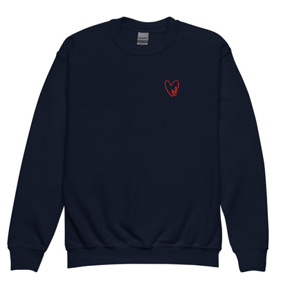 Navy blue crewneck sweatshirt shown in a clean product shot, featuring a subtle embroidered heart on the chest, highlighting the soft fleece fabric, classic fit, and timeless everyday style.