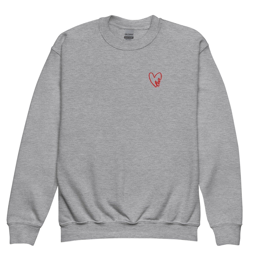 Grey crewneck sweatshirt shown in a clean product shot, featuring a subtle embroidered heart on the chest, highlighting the soft fleece fabric, classic fit, and cozy everyday feel.