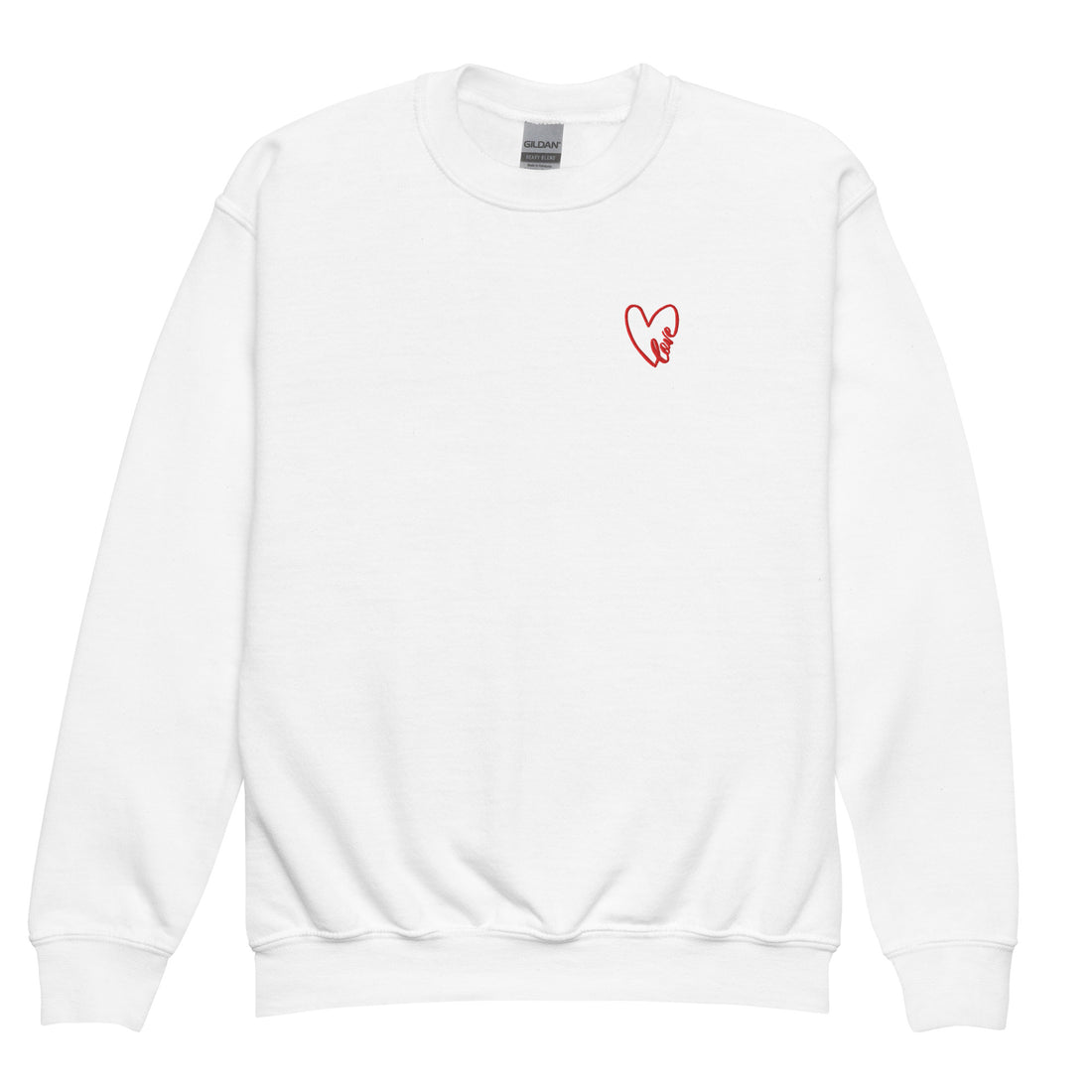 White crewneck sweatshirt shown in a clean product shot, featuring a subtle embroidered heart on the chest, highlighting the soft fleece fabric, classic fit, and cozy everyday feel.